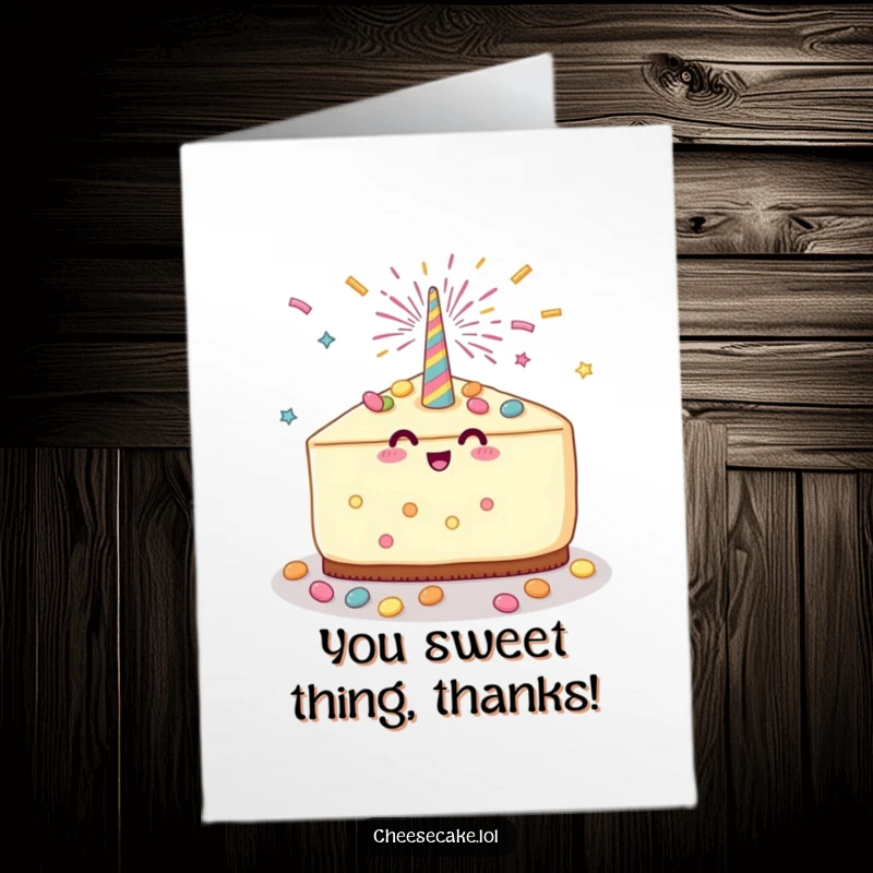 Funny Free Printable Thank You Card: A cheesecake slice is delighted by a candy shower from a festive party popper, saying thanks.