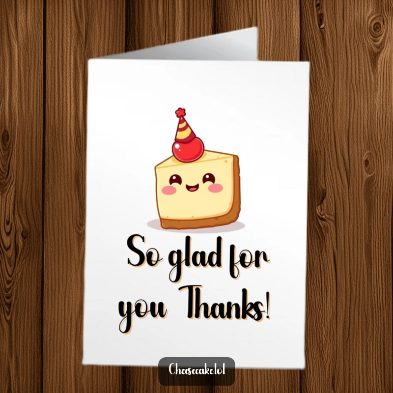 Funny free printable thank you card of a happy cheesecake slice with a cherry head and party hat, conveying thanks cheerfully.