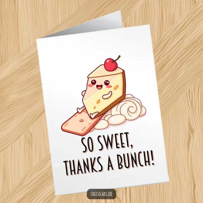 Funny Free Printable Thank You Card: Cheesecake character with legs happily sliding down a frosting slide, conveying thanks with glee.