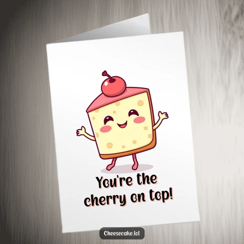 Funny Free Printable Thank You Card: A smiling cheesecake slice with a cherry on top dances a jig, a sweet way to say thanks.