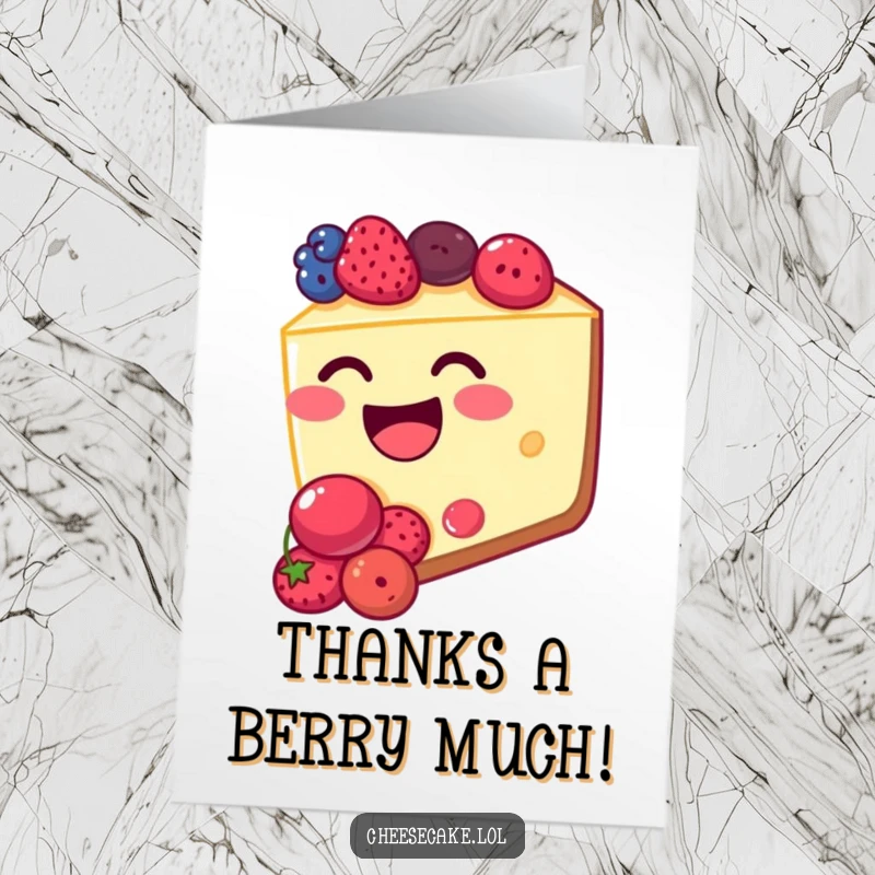 Funny Free Printable Thank You Card: A smiling cheesecake slice with a mouth full of berries, expressing sweet gratitude.