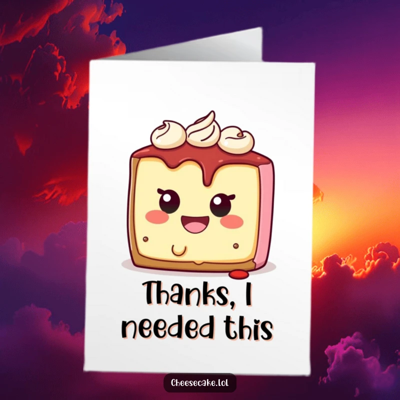 Funny Free Printable Thank You Card: A cheesecake character with huge smile, taking a bite from its own body.