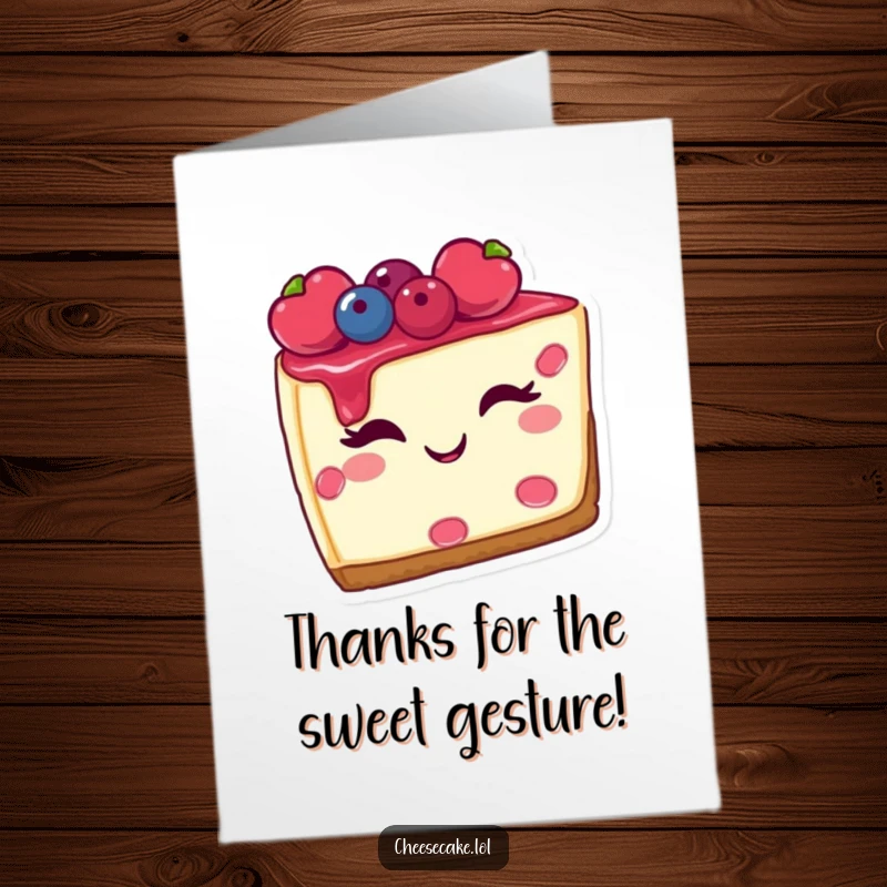 Funny Free Printable Thank You Card: A smiling cheesecake slice topped with berries offers a charming, appreciative wink.