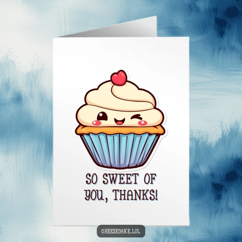 Funny Free Printable Thank You Card: Smiling cupcake character winking playfully, conveying sweet and sincere thanks.