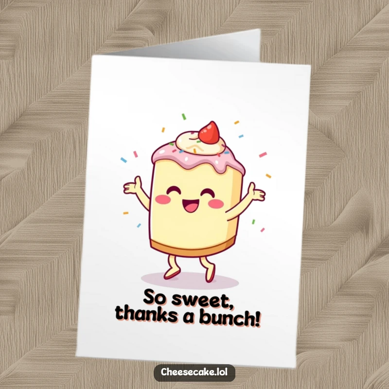 Funny Free Printable Thank You Card: A cheesecake character dances happily, showering sprinkles in a sweet gesture of thanks.