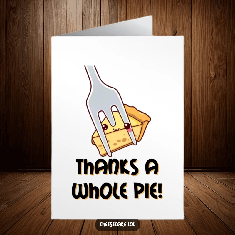 Funny Free Printable Thank You Card: A pie slice shyly peeks from behind a large fork, conveying thanks.