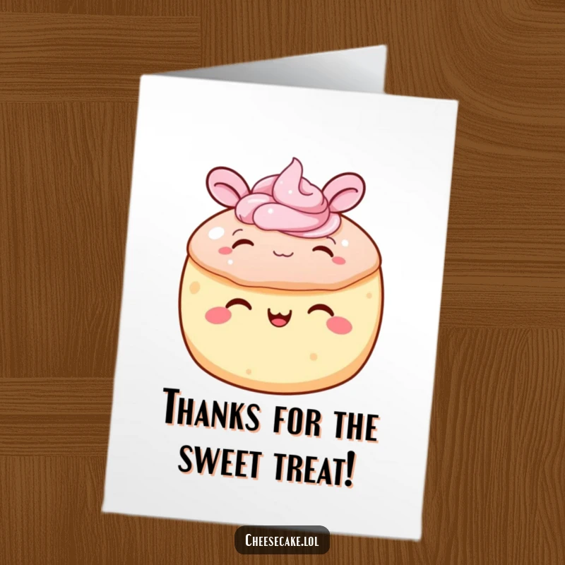 Funny Free Printable thank you card with a round cake character playfully wiggling its decorated frosting ears. A sweet gesture.