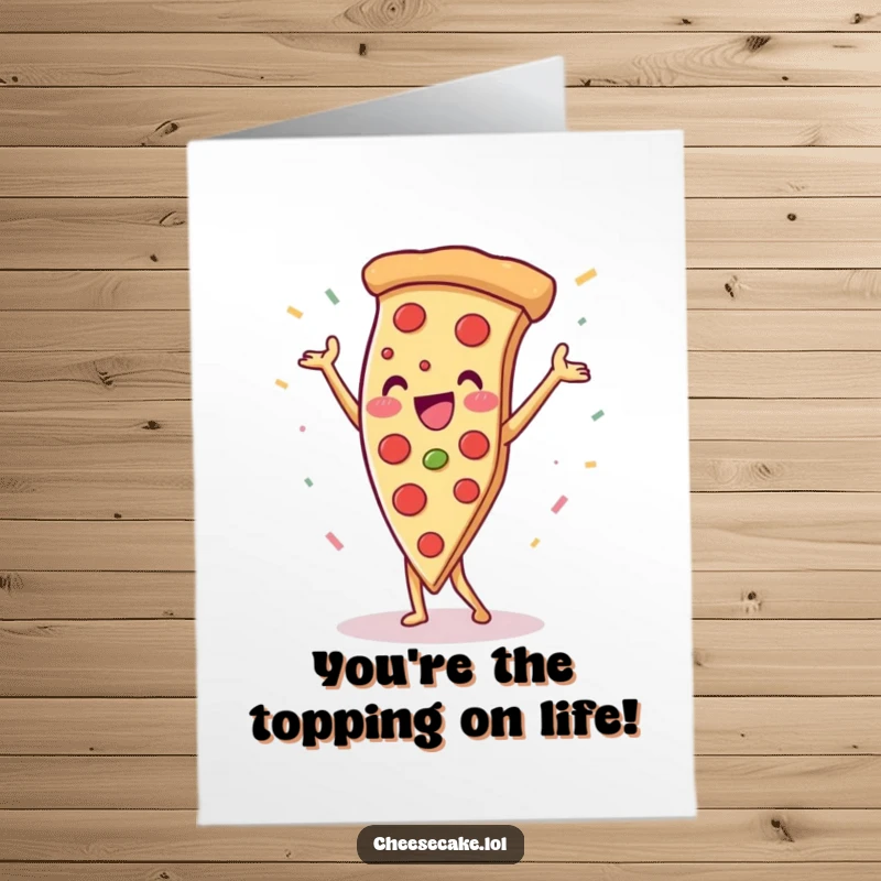 Funny Free Printable Thank You Card: A pizza slice upside down in a handstand, sending confetti and thanks.