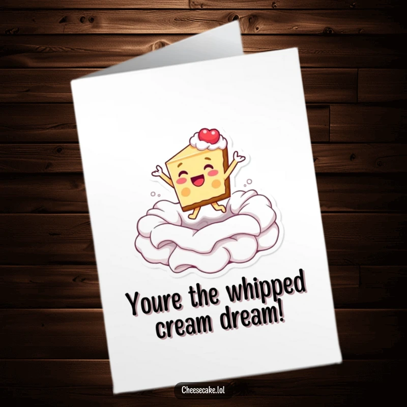 Funny Free Printable Thank You Card: Cheesecake character joyfully diving into whipped cream, adding a humorous and delightful touch to your thanks.