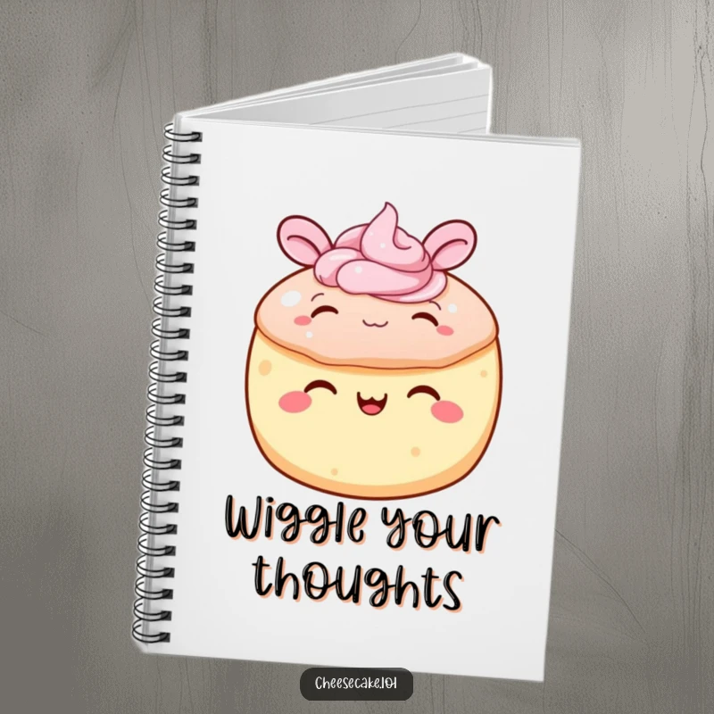 Funny cake notebook featuring a round cake with frosting happily wiggling its ears, perfect for jotting down notes with a smile.