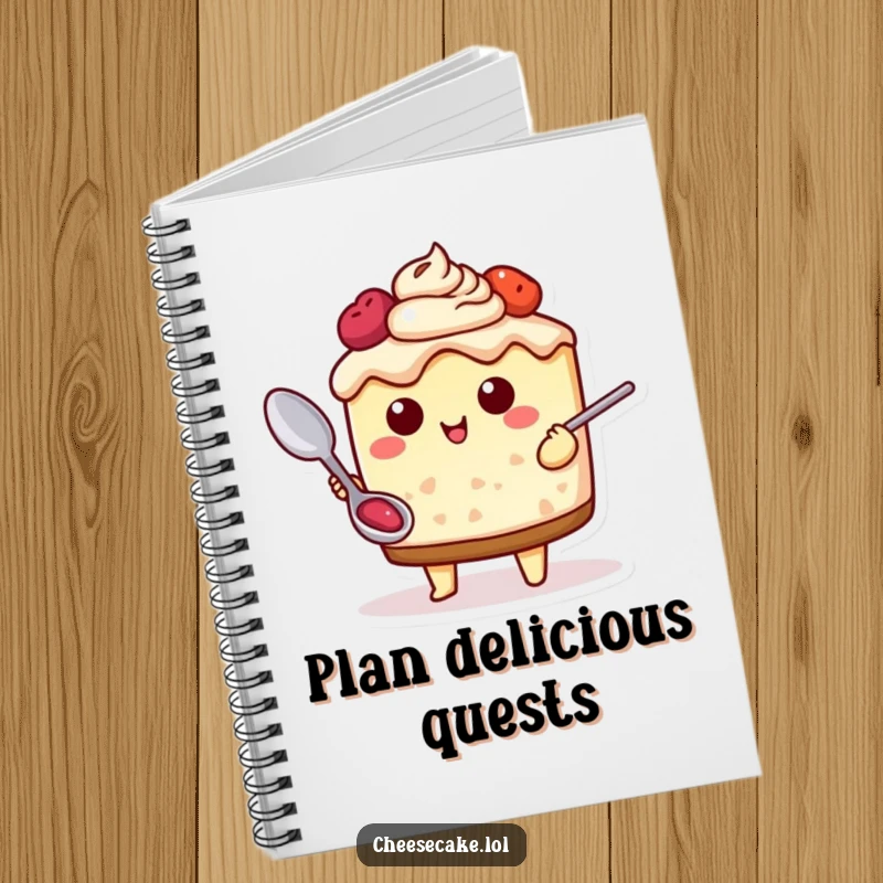 Funny Cheesecake Adventure Notebook with a cheesecake character holding a spoon, ready for delicious ideas, perfect for planning and notes.