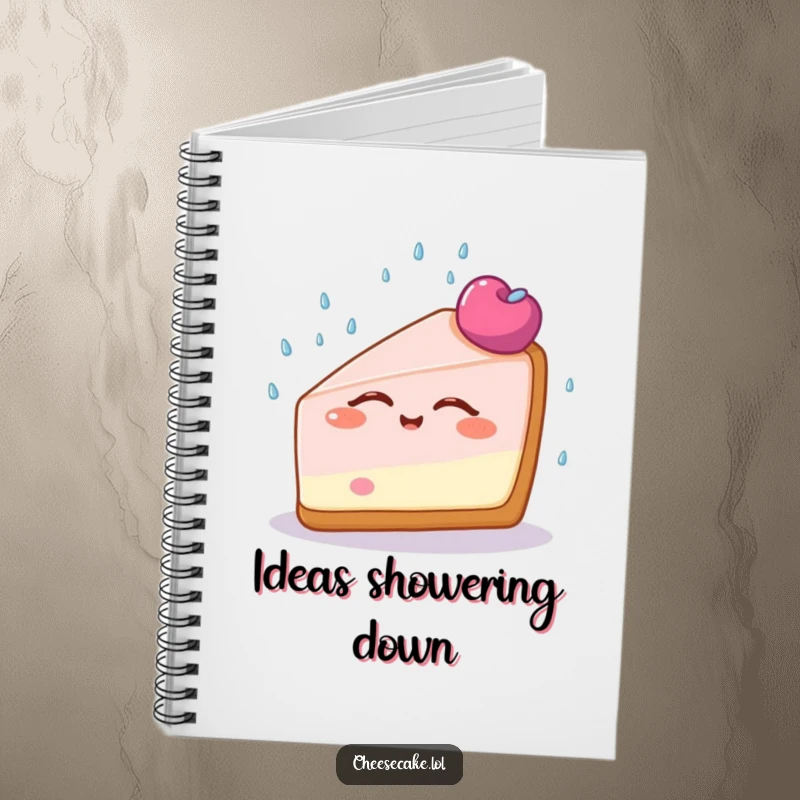 Funny Cheesecake Bliss Notebook with a cheesecake slice blissfully enjoying sprinkles, perfect for journaling and capturing peaceful thoughts.
