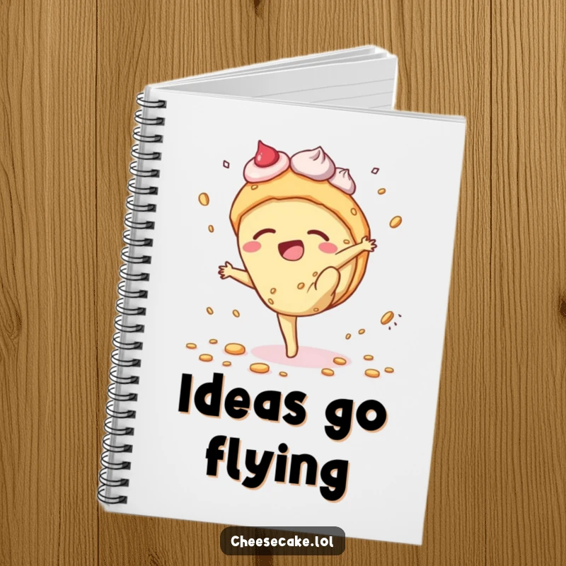 Funny cheesecake notebook with a dessert character performing a clumsy cartwheel, scattering crumbs, perfect for notes and sketches.
