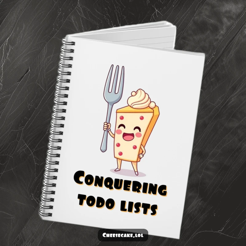 Funny Notebook: A cheesecake heroically holds a giant fork, ideal for jotting down heroic plans.