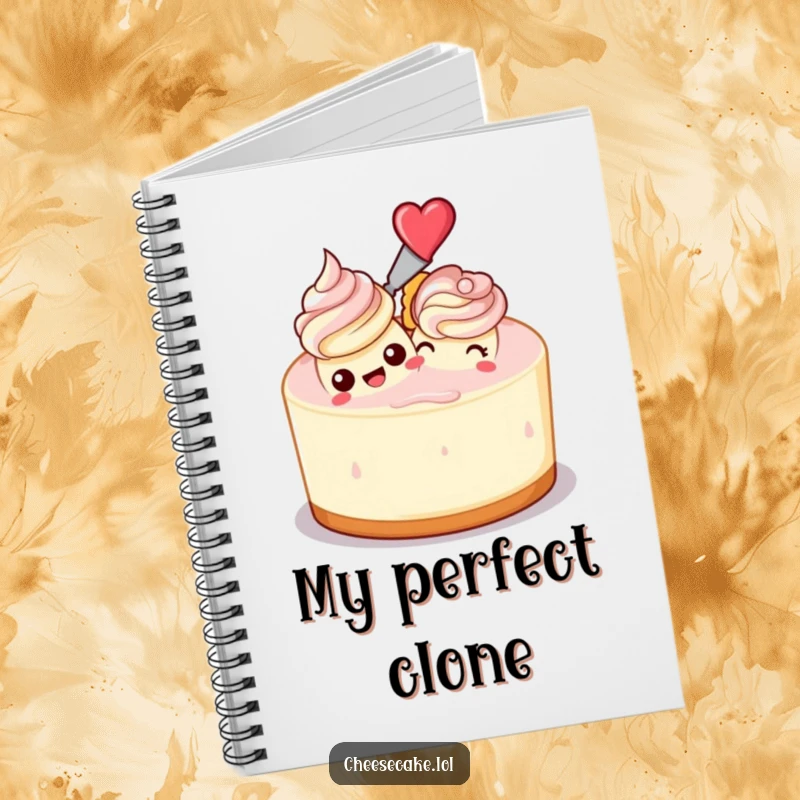 Funny notebook with a cheesecake frosting another cheesecake, encouraging creative writing and recipe logging.