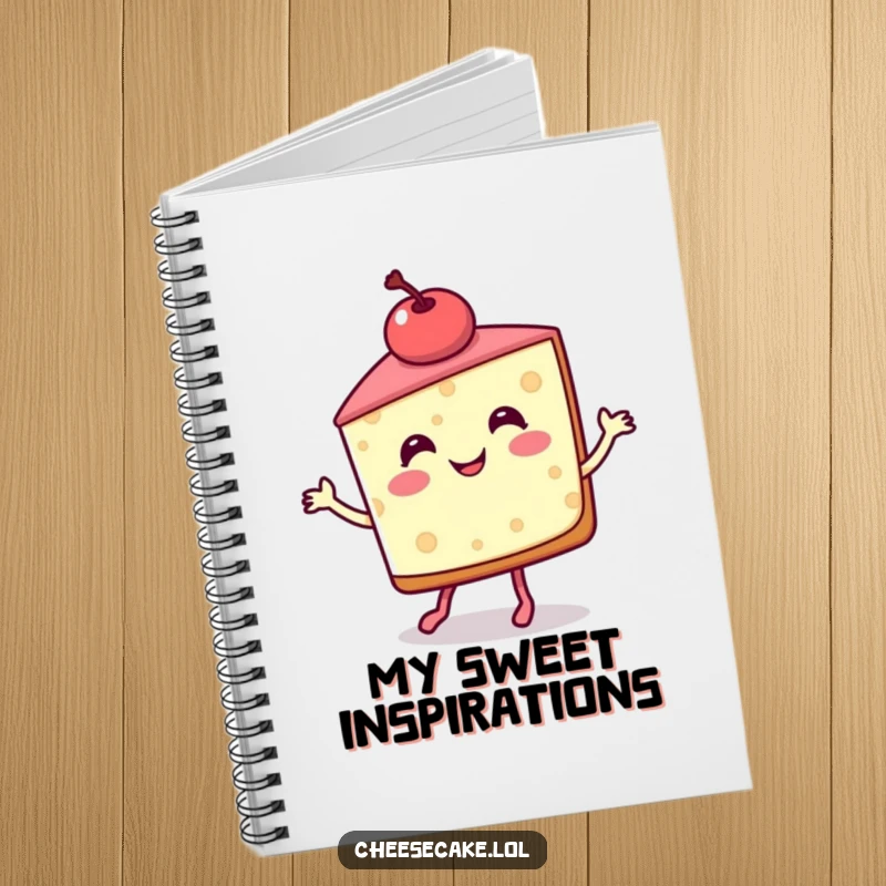 Funny Notebook with a jigging cheesecake slice and cherry, perfect for jotting down sweet ideas and recipes.