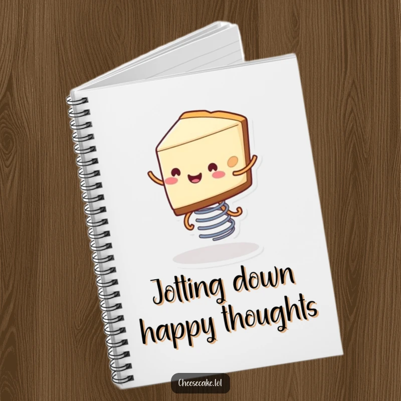 Funny notebook with a cover featuring a smiling slice of cheesecake with tiny legs bouncing on a spring, ideal for sweet thoughts.