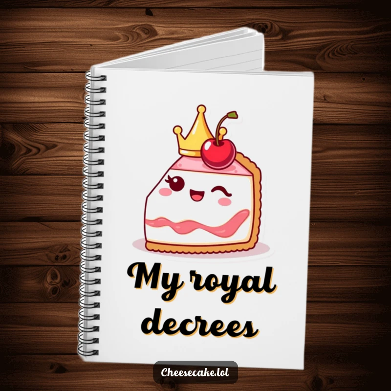 Funny cheesecake slice notebook cover, cute and crowned, winking with a cherry, perfect for jotting down royal thoughts.