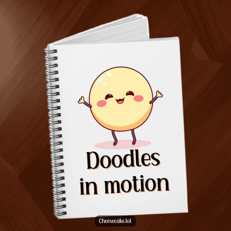 Funny notebook with a cover featuring a wobbly cheesecake round with stick legs doing a silly dance jig, perfect for sweet ideas.