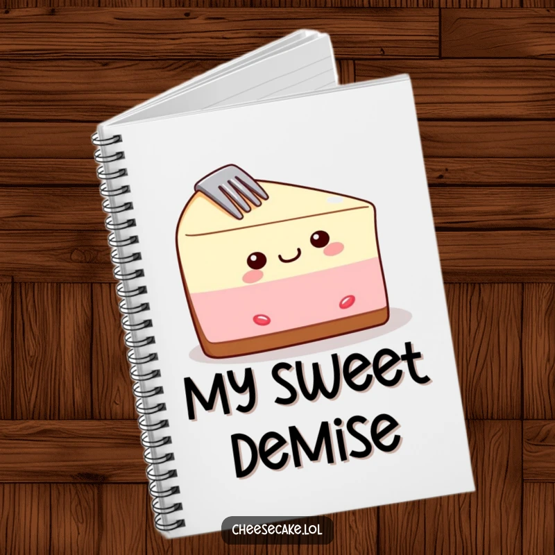 Funny cheesecake notebook with a delighted slice and a fork, perfect for jotting down humorous notes and ideas.