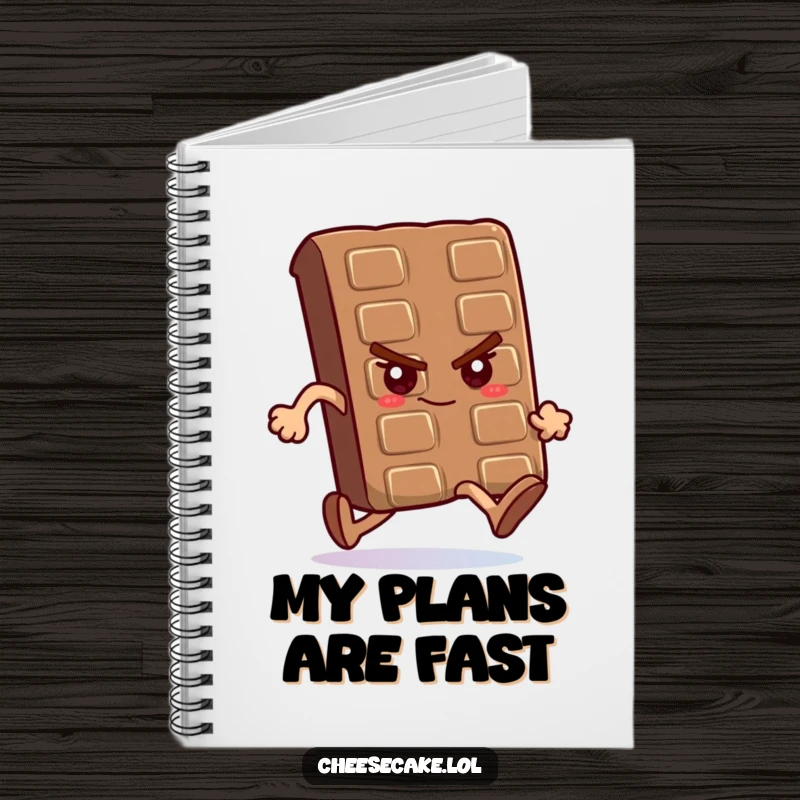 Funny notebook with a determined chocolate bar running a race, ideal for tracking goals and achievements.