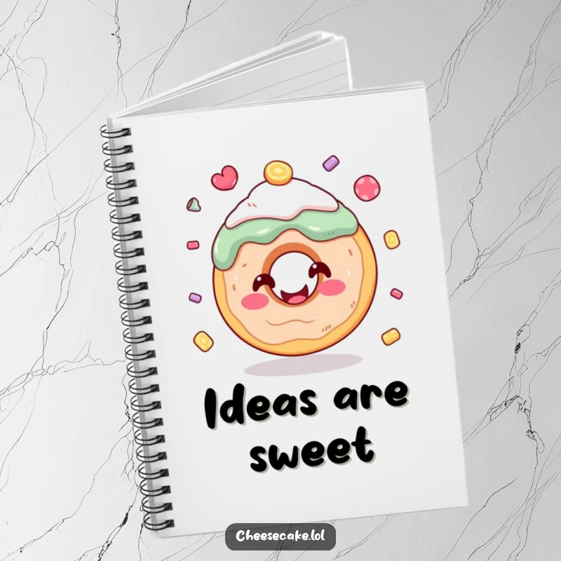 Funny donut juggling candy notebook with a smiling donut on the cover, perfect for jotting down ideas humorously.