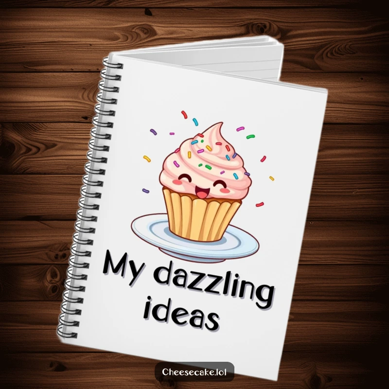Funny Excited Cupcake Notebook: A journal cover featuring a cupcake with sprinkles spinning excitedly on a plate.