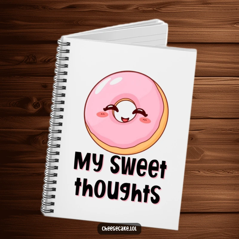 Funny donut notebook with a wobbly jelly donut giggling uncontrollably, inspiring sweet thoughts.