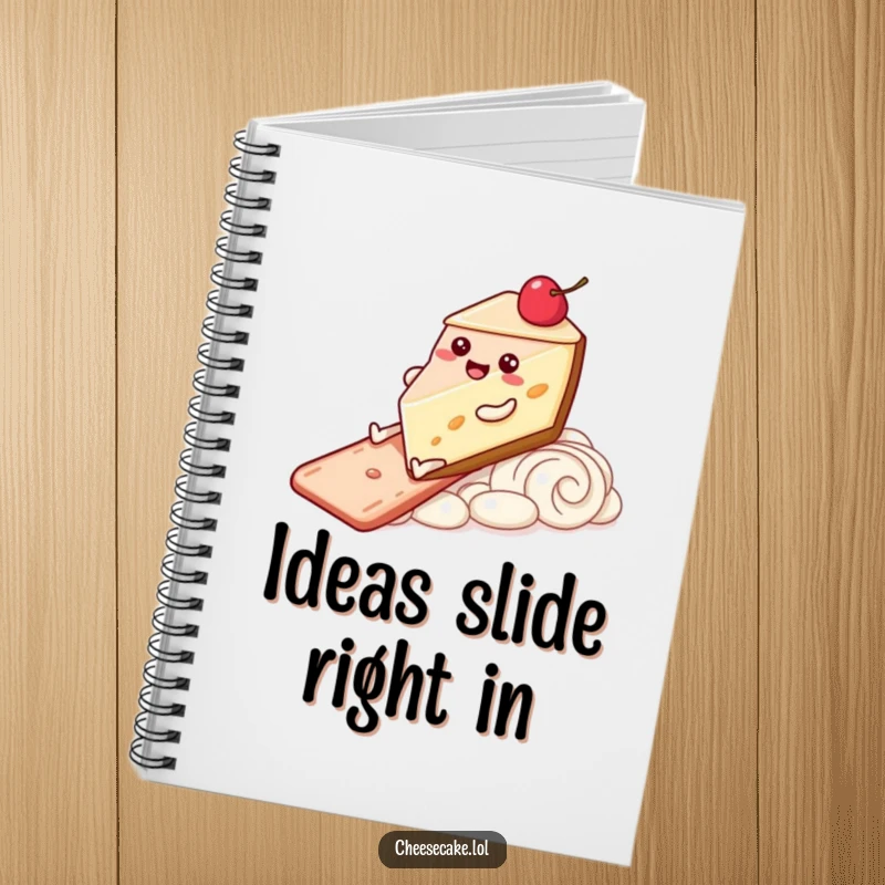 Funny Notebook featuring a happy cheesecake character with legs sliding down a frosting slide, perfect for journaling joyful thoughts.
