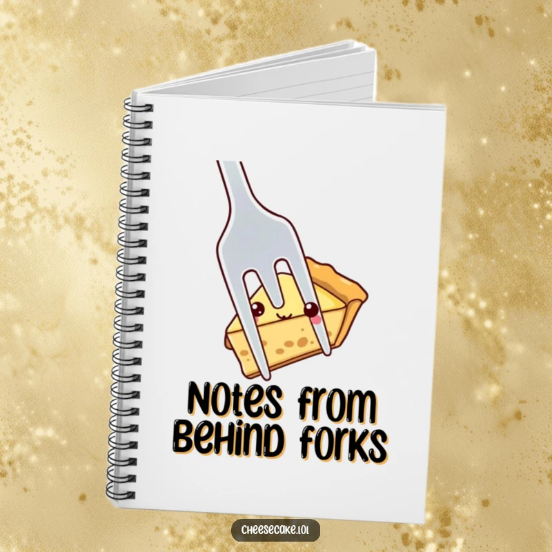 Funny shy pie slice peeking out from behind a large fork, a humorous and practical notebook for capturing gentle thoughts.