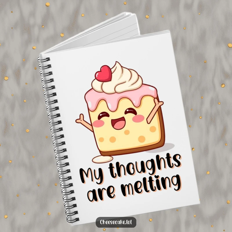 Funny notebook featuring a delighted cheesecake slice, frosting melting, striking a silly pose, perfect for note-taking.