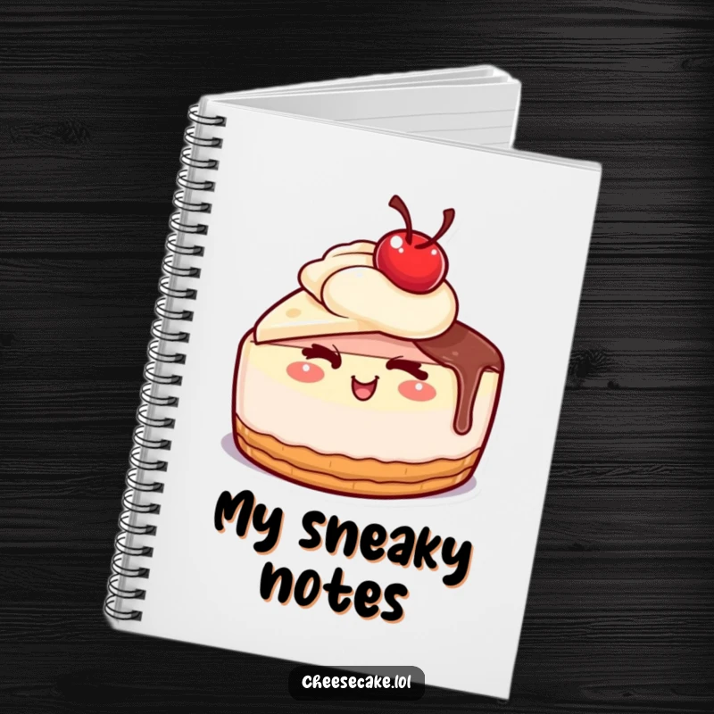 Funny cheesecake with a cherry on top giving a wink on a notebook cover, a delightful funny gift.