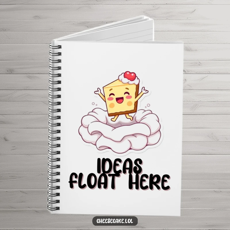 Funny notebook featuring a cheesecake slice joyfully leaping into a pool of whipped cream for note-taking.