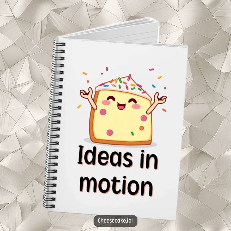 Funny notebook with a cover featuring a cheerful cheesecake wedge with tiny arms juggling colorful sprinkles, perfect for creative recipes.