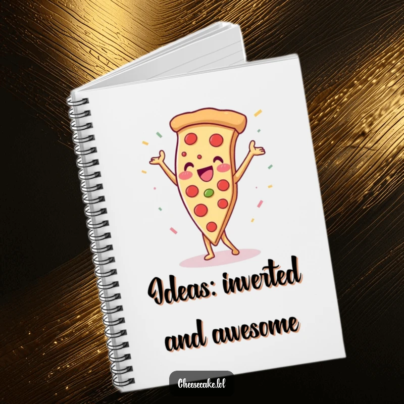 Funny pizza slice doing a handstand with confetti, a hilarious and practical notebook for capturing all your thoughts.