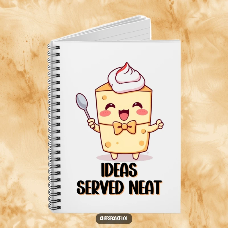 Funny notebook featuring a cheesecake character in a bow tie, excitedly holding a tiny spoon for note-taking.