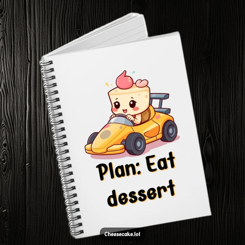 Funny Notebook: A cheesecake in a race car speeds forward with determination. Perfect for jotting down goals and ideas.