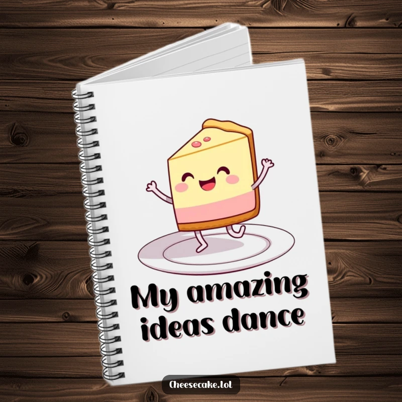 Funny notebook featuring a grinning cheesecake slice dancing on a plate, perfect for note-taking with joyful energy.