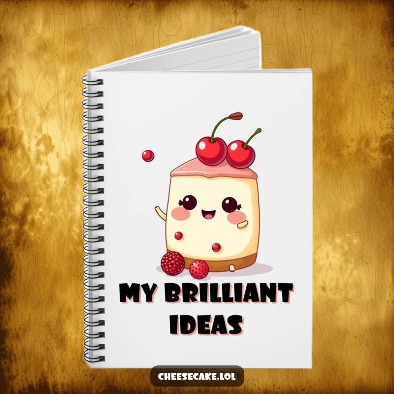 Funny cheesecake wearing a cherry tiara, juggling berries on a notebook cover, a delightful funny gift.