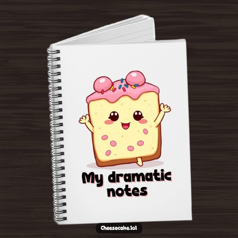 Funny cheesecake slice notebook cover, charming and sprinkled, striking a dramatic pose, perfect for jotting down inspired thoughts.