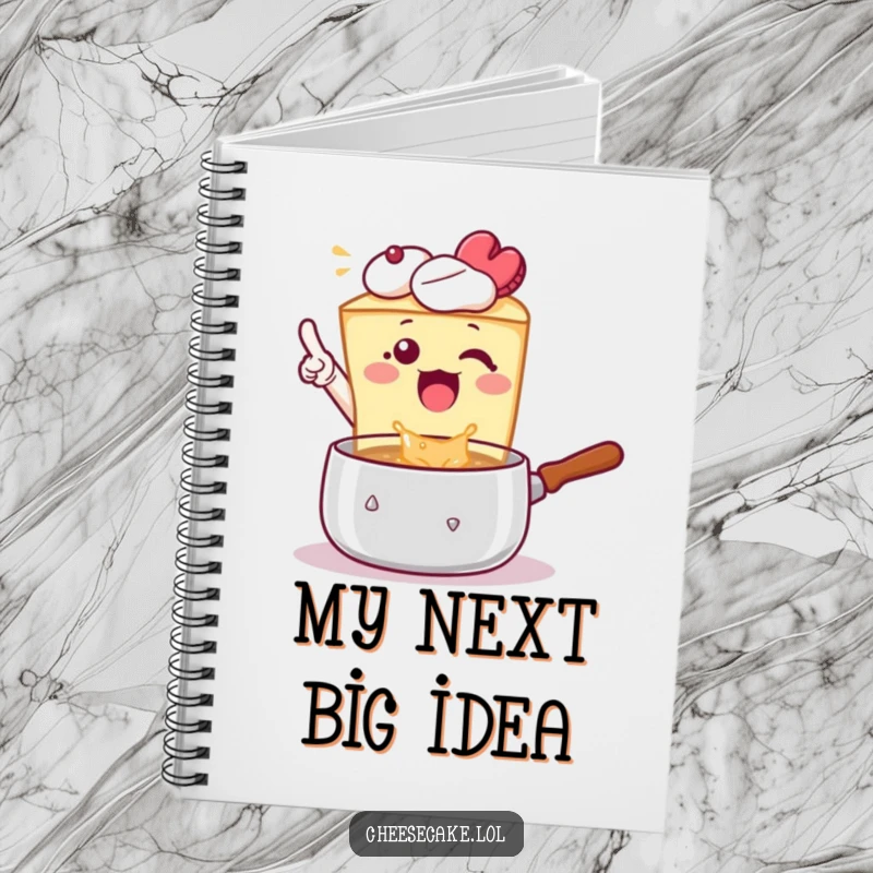 Funny Notebook: A cheesecake excitedly points at a bubbling pot, ideal for jotting down recipe ideas.