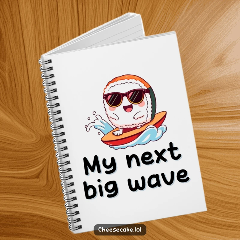 Funny sushi notebook with a happy sushi character in sunglasses riding a wave, inspiring creativity.