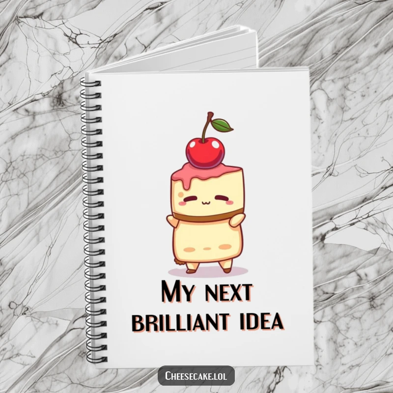 Funny notebook with a cheesecake character focused on balancing a cherry, ready to capture precise thoughts.