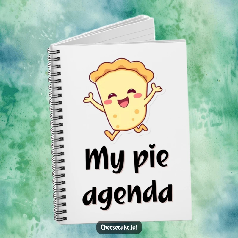 Funny smiling pie character joyfully leaping on a notebook, ideal for journaling.
