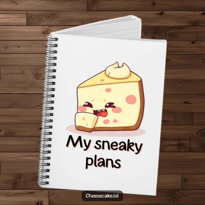 Funny cheesecake slice notebook cover, featuring a mischievous dessert attempting to eat its own edge, perfect for jotting down humorous thoughts.