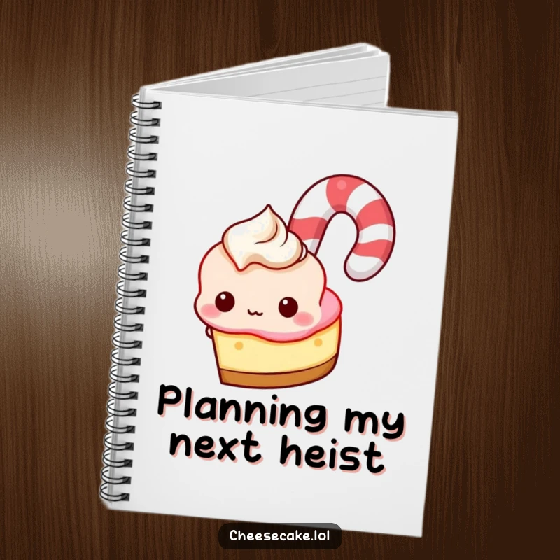 Funny Notebook: Cheesecake peeking from behind a giant candy cane, perfect for jotting down sweet ideas.