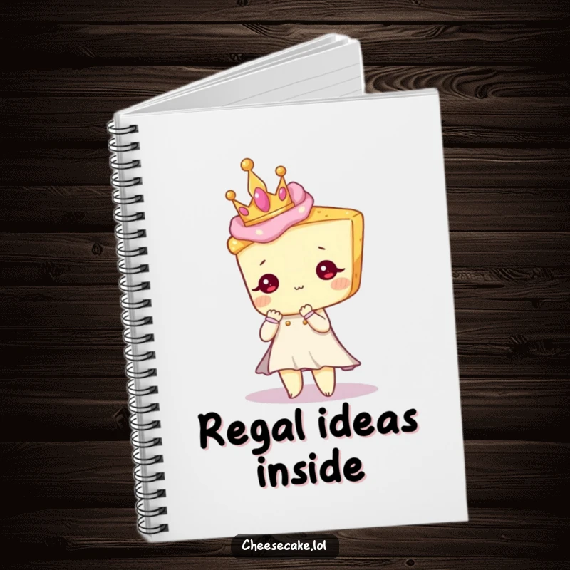 Funny notebook featuring a cheesecake character in a small crown, posing elegantly for note-taking.