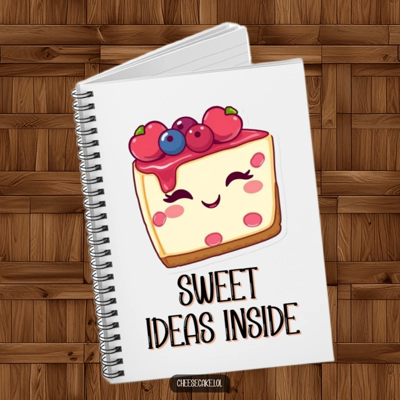 Funny notebook with a winking slice of cheesecake topped with berries, perfect for journaling sweet ideas and delightful moments.