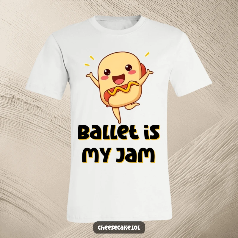 Funny hot dog t-shirt with a proud hot dog striking a ballet pose, mustard accentuating the movement.