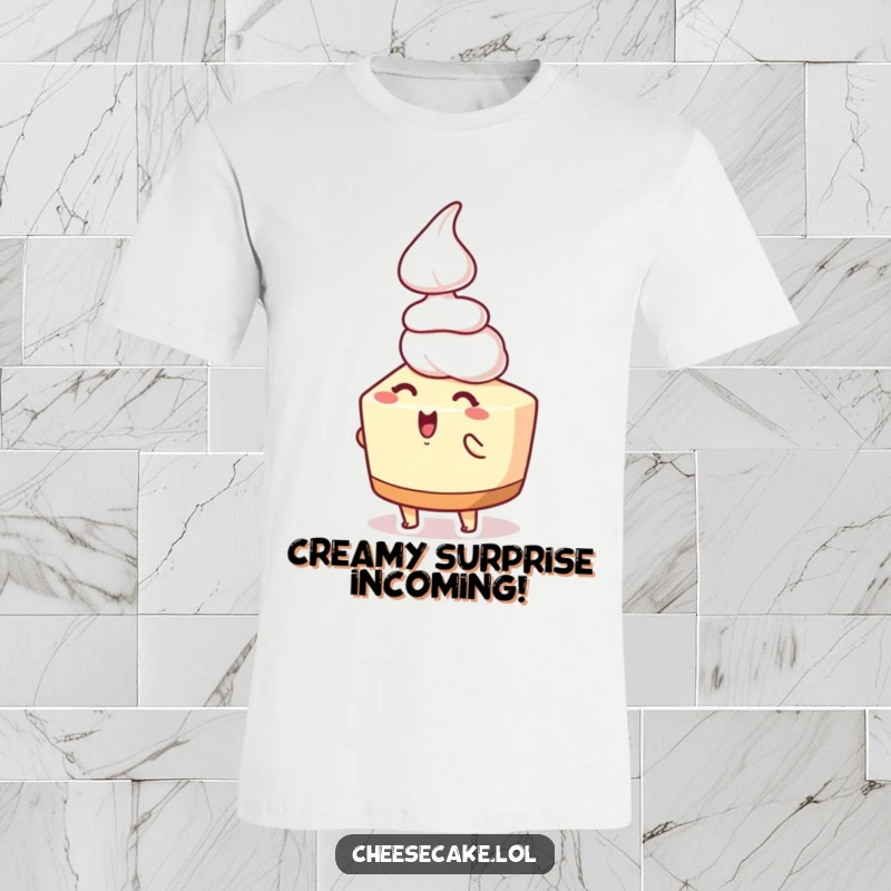 Funny cheesecake t-shirt featuring an ecstatic cheesecake character overjoyed by a falling dollop of whipped cream, expressing ultimate dessert happiness.
